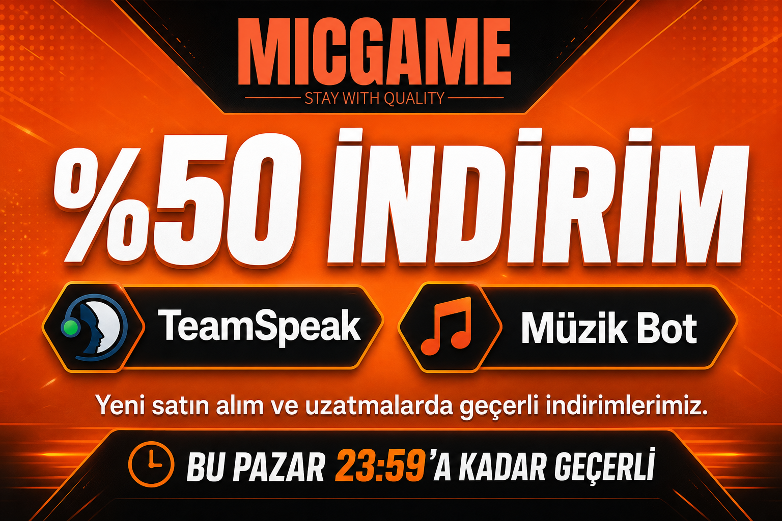 TeamSpeak ve Müzik Bot'ta %50 indirim — Yeni satın alım ve uzatmalarda geçerli. Bu pazar 23:59'a kadar.